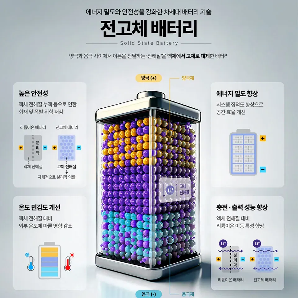 전고체 배터리는 액체 전해질 대신 고체 전해질을 사용해 안전성과 성능을 높인 차세대 배터리 기술이다.